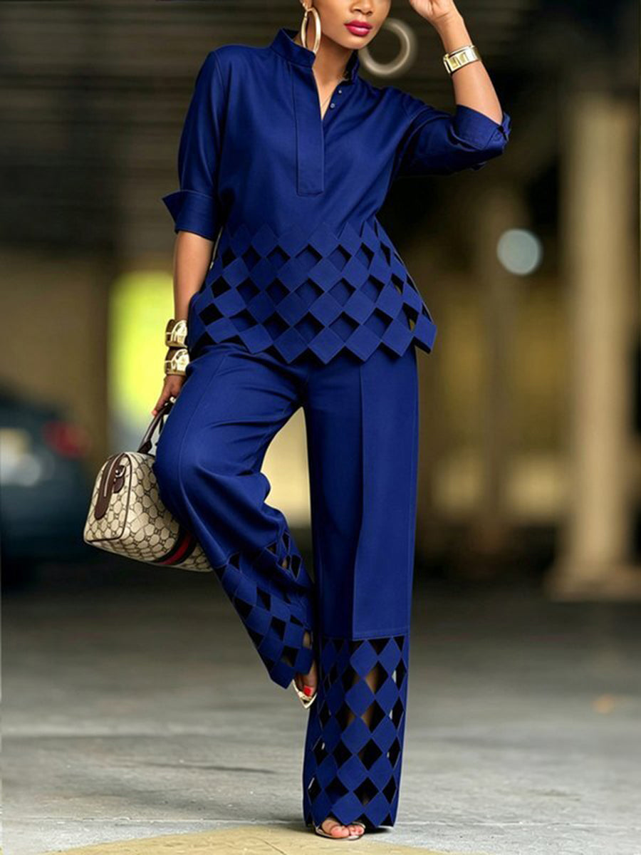 Pantalon ajouré ample à poches, à jambes larges, couleur unie