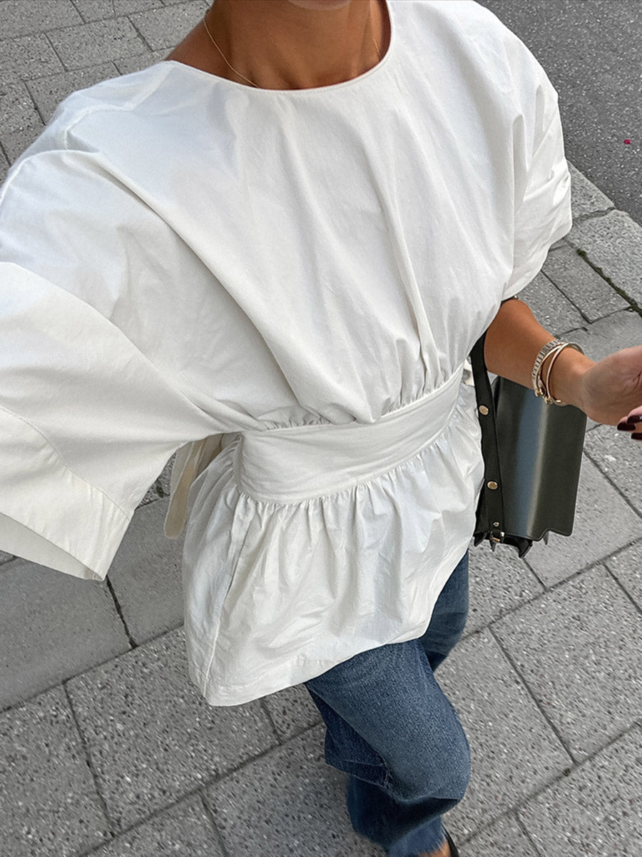 Chemisier plissé à taille élastique, taille haute, à empiècements, à taille nouée, à col rond, couleur unie