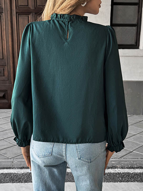 Chemisier ample plissé à manches longues, à taille élastique, à bordure volantée, à col cheminée, couleur unie