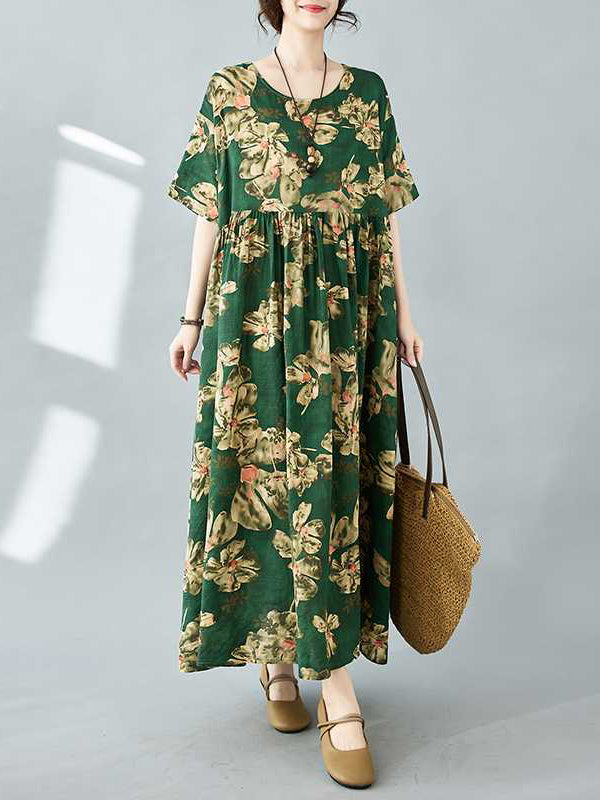 Robe mi-longue ample plissée à manches mi-longues, à imprimé floral, à poches, à col rond
