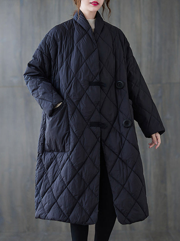 Manteau artistique boutonné matelassé vintage, rétro, à col montant, à manches longues, couleur unie