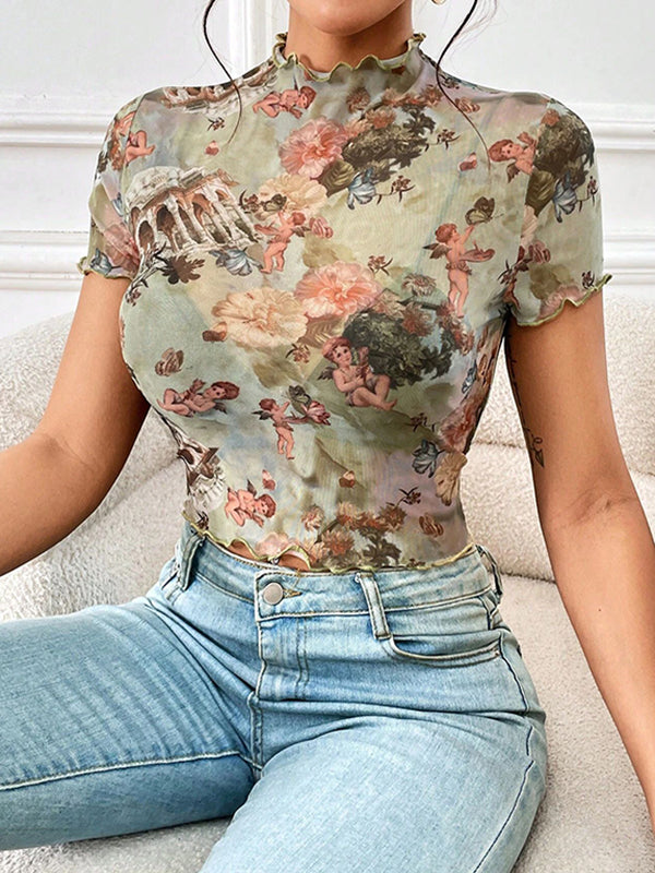 T-shirt transparent à manches courtes, coupe près du corps, à motifs figuratifs, à imprimé floral, à bordure volantée, à col cheminée