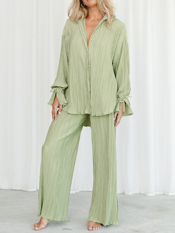 Ensemble pyjama à manches longues, manches évasées, boutonné, cordon de serrage plissé, couleur unie, chemises à revers fendues sur le côté, haut + pantalon, bas
