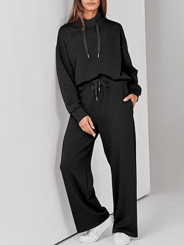 Ensemble deux pièces taille haute, manches longues, cordon de serrage, sweat-shirt fendu + pantalon/pantalon