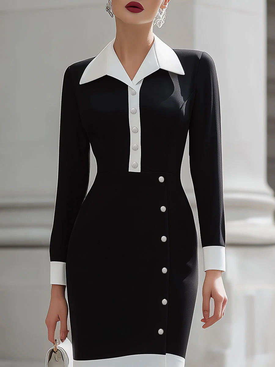 Robe mi-longue boutonnée fendue devant taille haute, à manches longues, à empiècements, à col revers, couleur contrastée