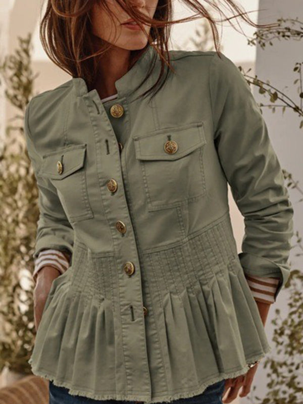 Veste boutonnée plissée à manches longues, à empiècements, à col montant