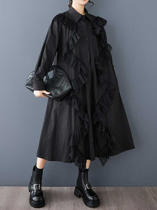 Robe chemise boutonnée coupe trapèze, à manches longues, à empiècements, à col revers