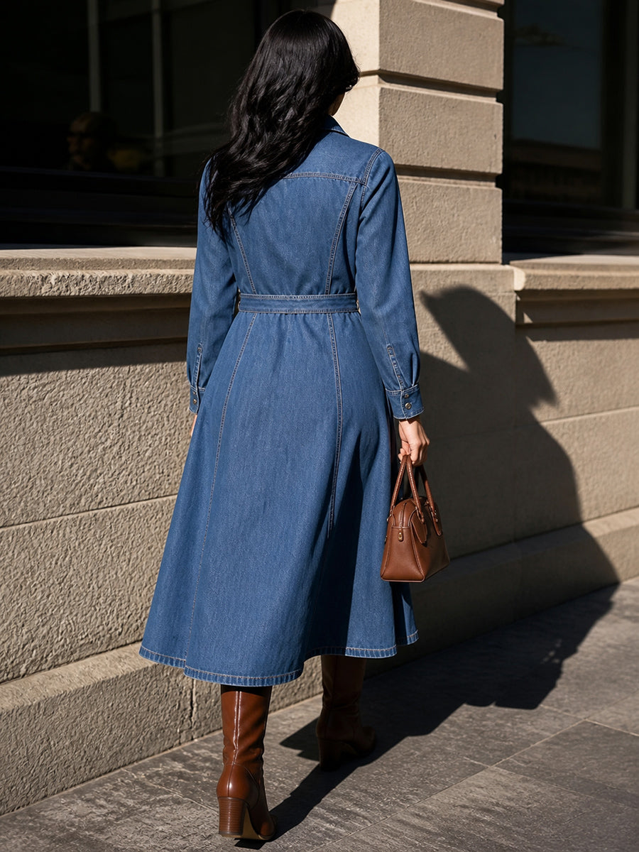 Robe mi-longue boutonnée à empiècements, à poches, à manches longues, taille haute, à col revers, couleur unie