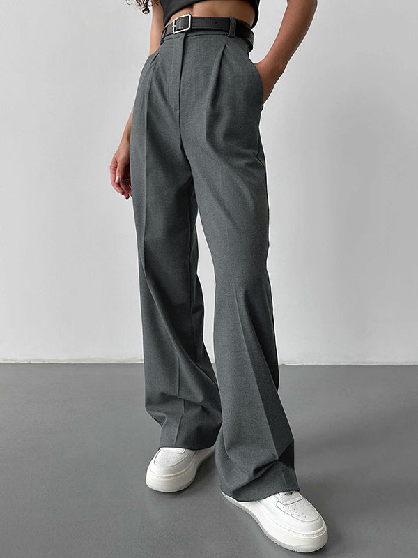Pantalon ample taille haute, sans ceinture, couleur unie