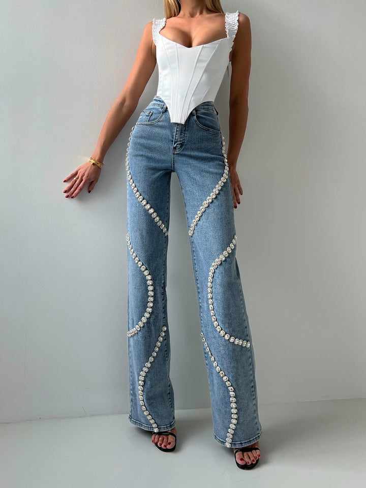 Ana | Jean pour femmes, coupe droite et ample avec embellissement en strass