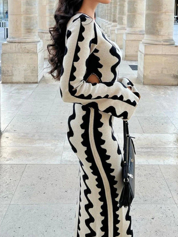 Robe longue ajourée imprimée taille haute, à manches longues, à col rond