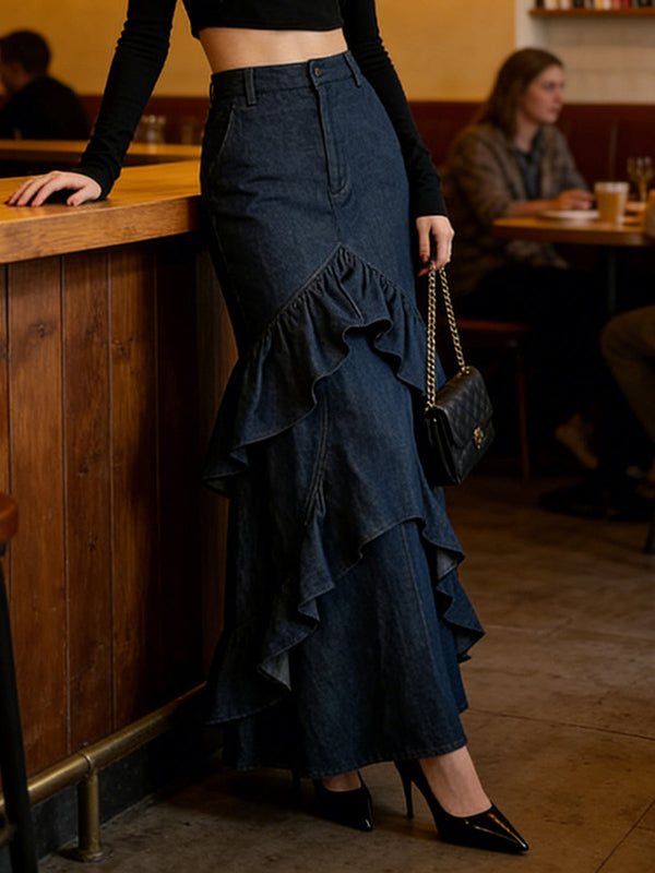 Jupe moulante volantée taille haute, à empiècements, couleur unie