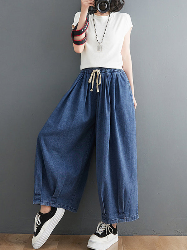 Pantalon en jean décontracté à jambes larges avec cordon de serrage