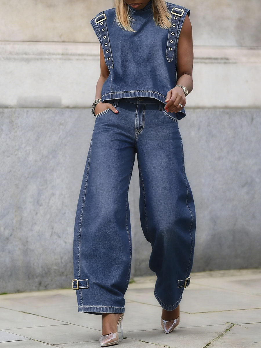 Jean taille haute, à jambes larges, à boucle, à poches, couleur unie