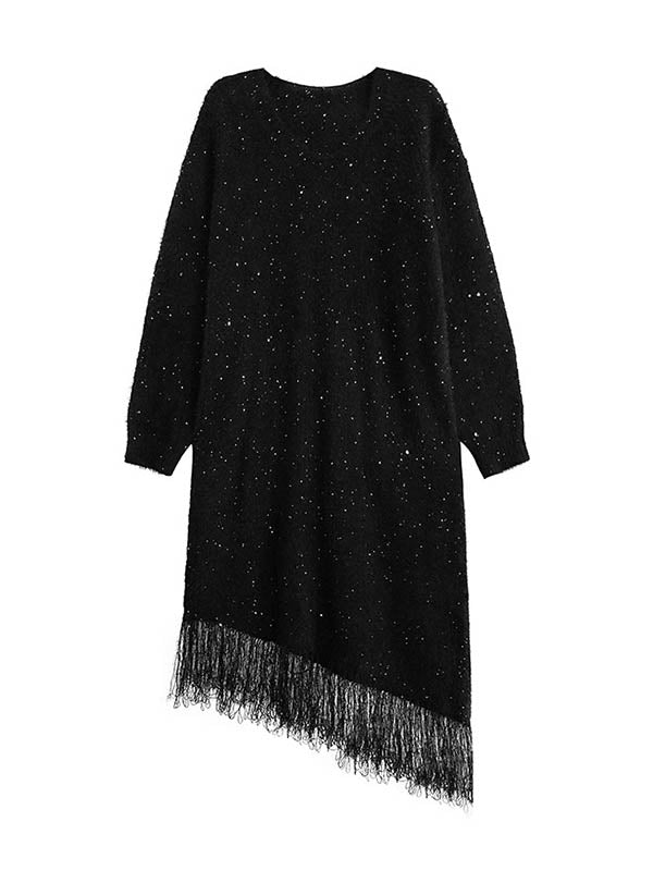 Robe pull brillante à coupe irrégulière, à manches longues, à sequins, à empiècements, à pompons, à col en V, couleur contrastée
