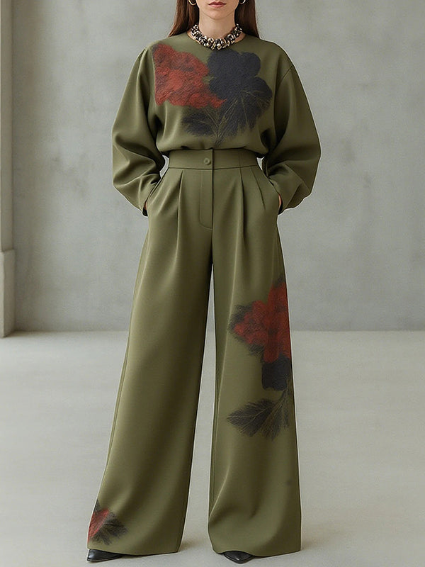 Pantalon ample plissé à jambes larges, à imprimé floral, à empiècements