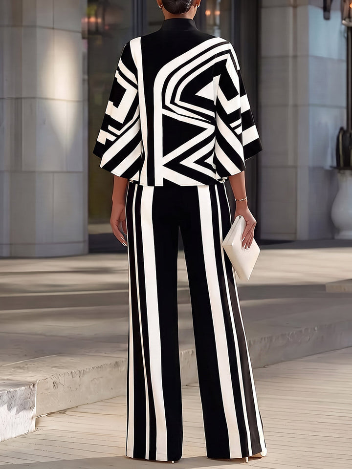 Pantalon rayé fendu devant à jambes larges, taille haute, couleur contrastée