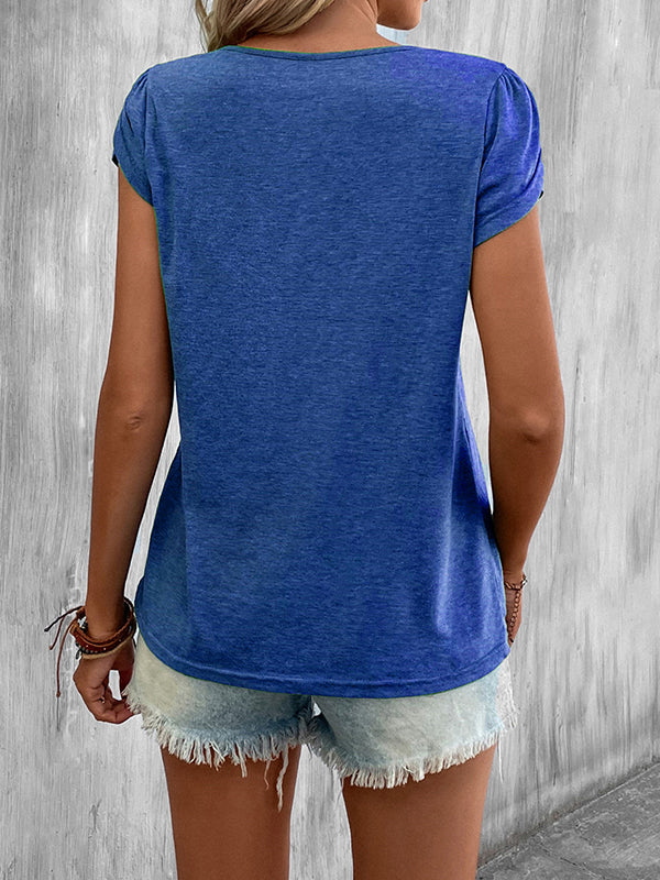 T-shirt ample à manches courtes, à col en V, couleur unie