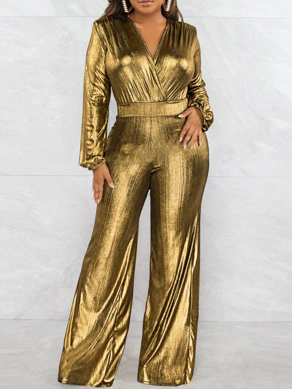 Combinaison moulante brillante taille haute, à taille élastique, à col en V, couleur unie