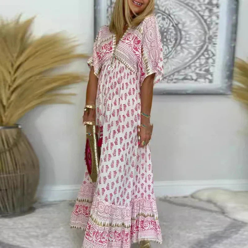 Allegra | Robe Maxikleid Boho pour Femmes à Manches Courtes