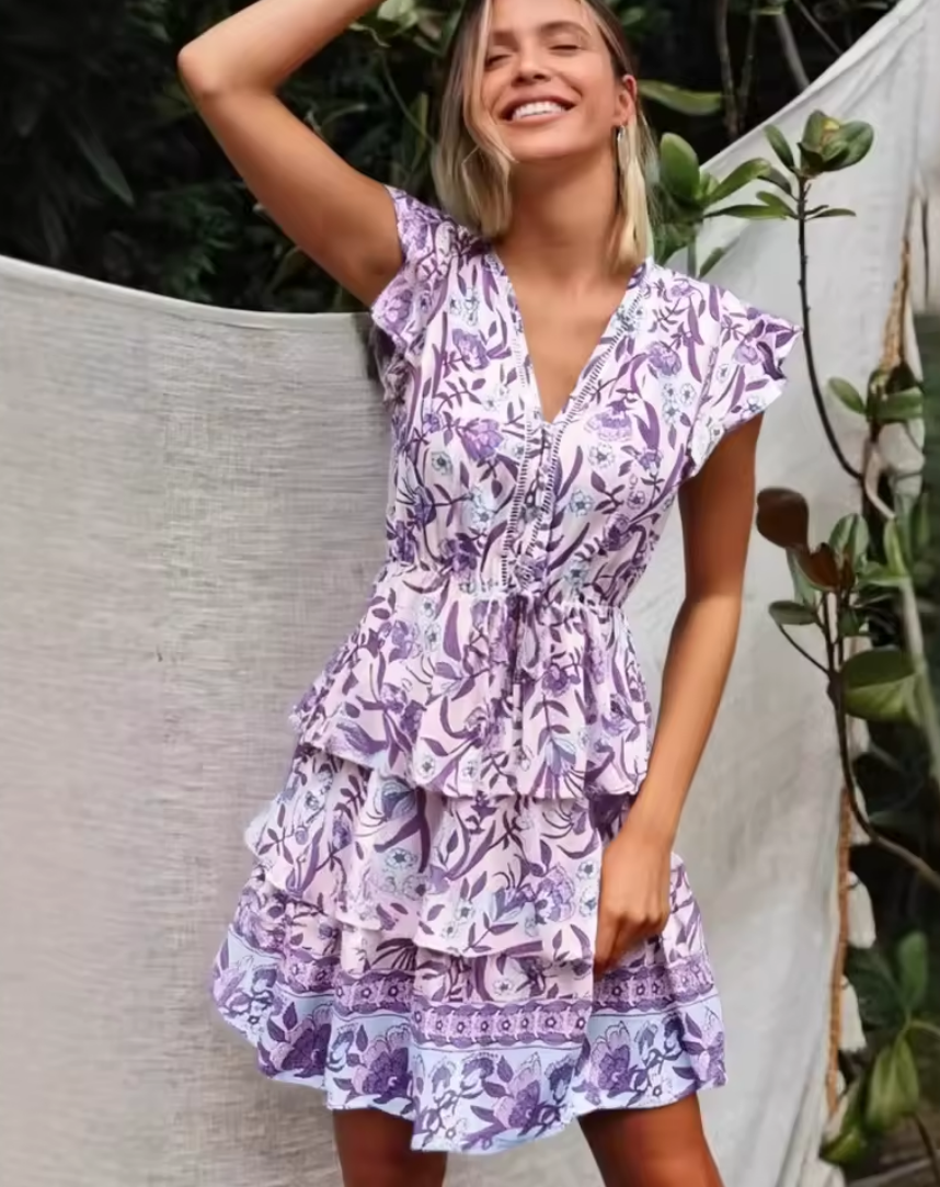 Anika | Robe Mini Fleurie à Volants avec Décolleté en V