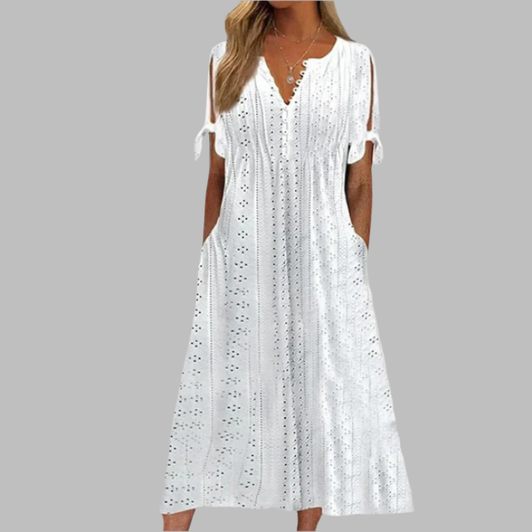 Anneke | Robe midi à broderie anglaise et décolleté en V pour femmes