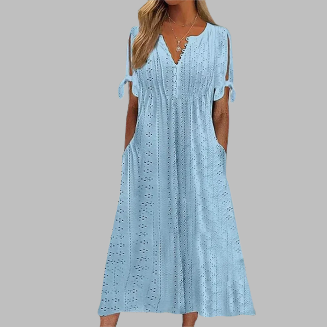 Anneke | Robe midi à broderie anglaise et décolleté en V pour femmes