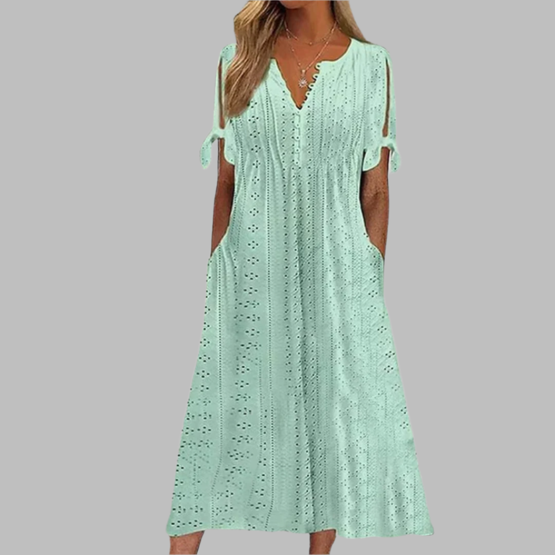 Anneke | Robe midi à broderie anglaise et décolleté en V pour femmes