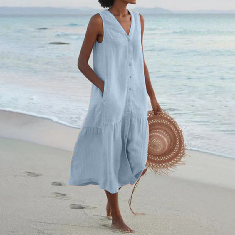 Annelie | Robe midi sans manches pour femmes, décolleté en V, patte de boutonnage