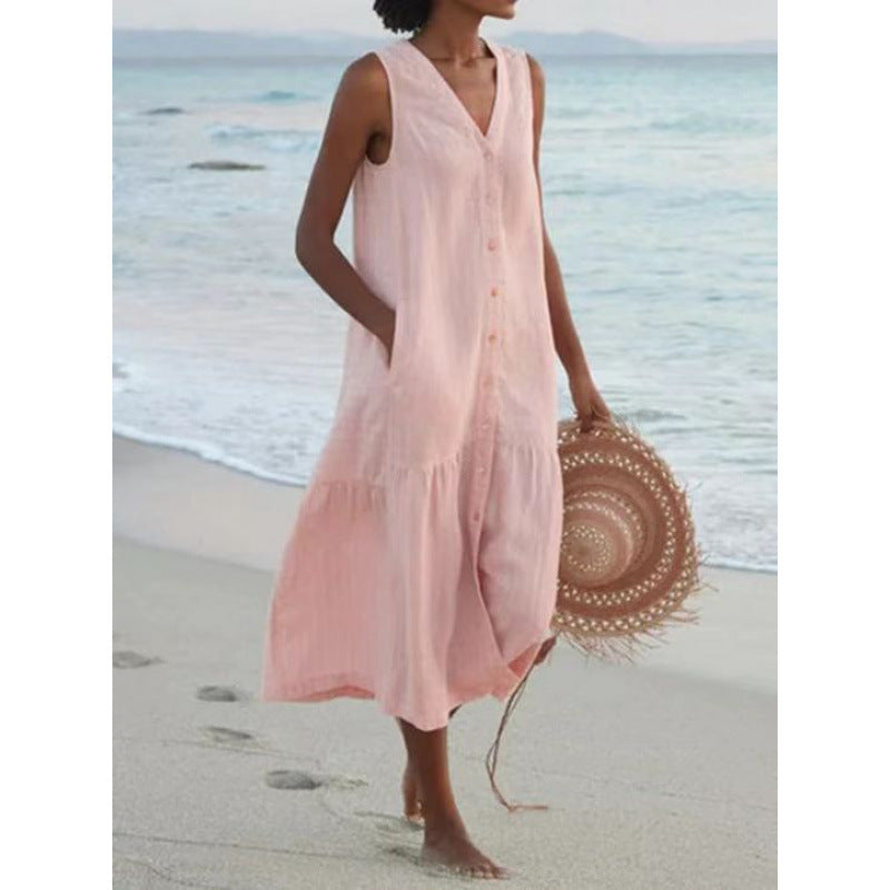 Annelie | Robe midi sans manches pour femmes, décolleté en V, patte de boutonnage