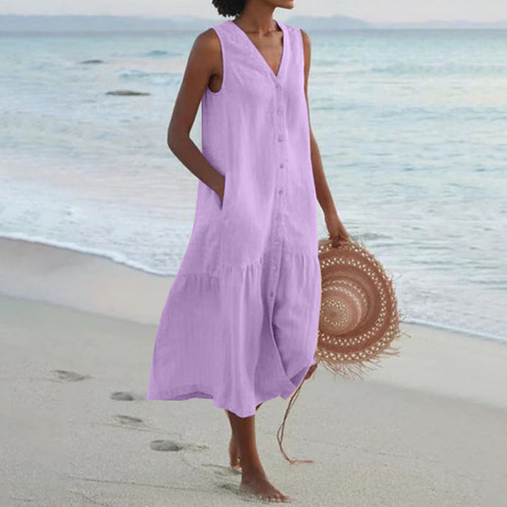 Annelie | Robe midi sans manches pour femmes, décolleté en V, patte de boutonnage