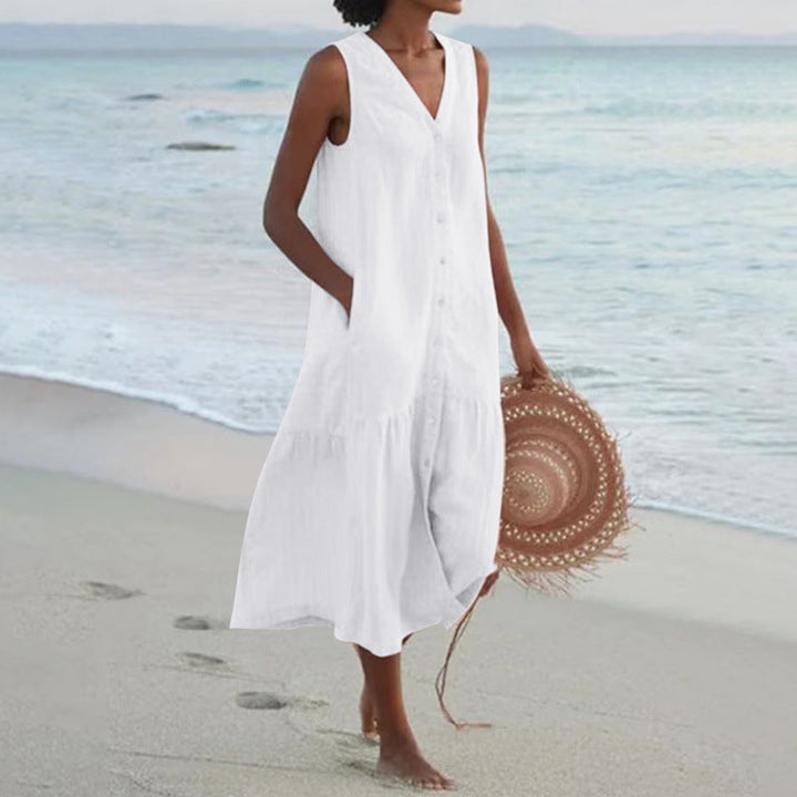 Annelie | Robe midi sans manches pour femmes, décolleté en V, patte de boutonnage