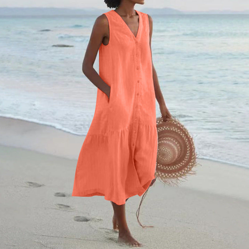 Annelie | Robe midi sans manches pour femmes, décolleté en V, patte de boutonnage