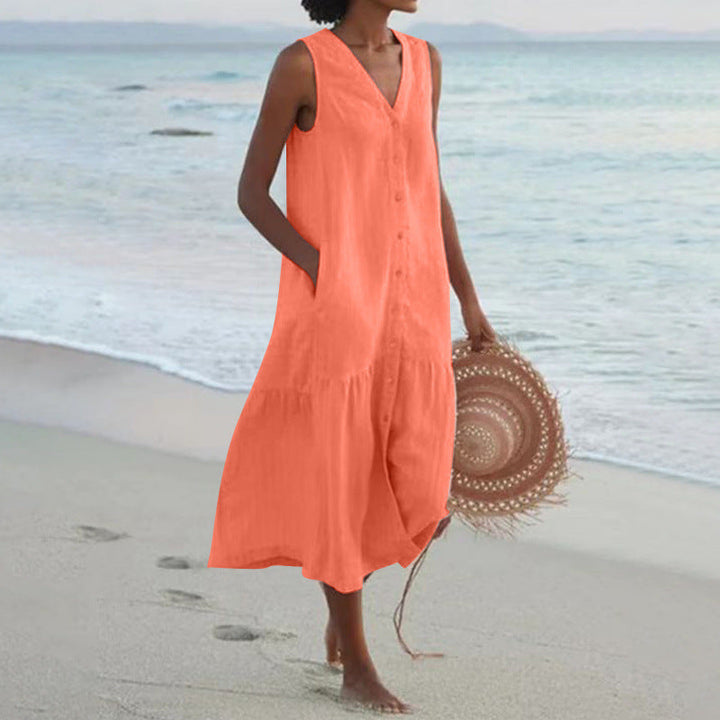 Annelie | Robe midi sans manches pour femmes, décolleté en V, patte de boutonnage