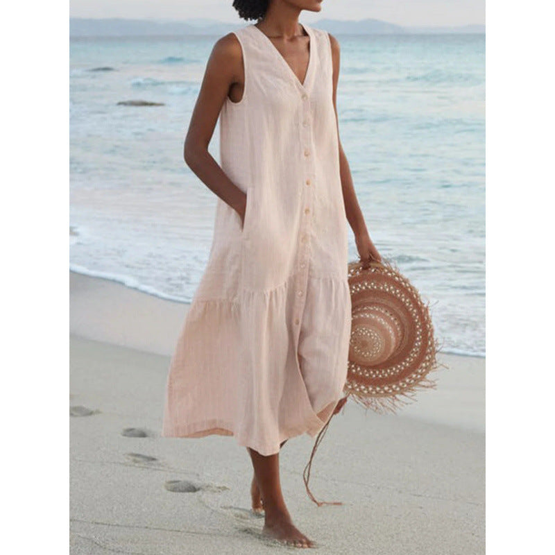 Annelie | Robe midi sans manches pour femmes, décolleté en V, patte de boutonnage