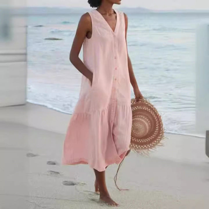 Annelie | Robe midi sans manches pour femmes, décolleté en V, patte de boutonnage