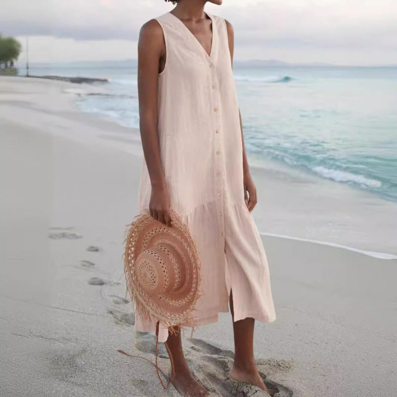 Annelie | Robe midi sans manches pour femmes, décolleté en V, patte de boutonnage