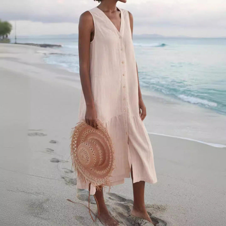 Annelie | Robe midi sans manches pour femmes, décolleté en V, patte de boutonnage