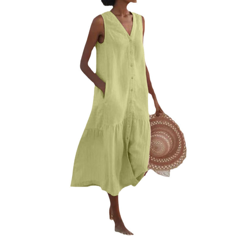 Annelie | Robe midi sans manches pour femmes, décolleté en V, patte de boutonnage