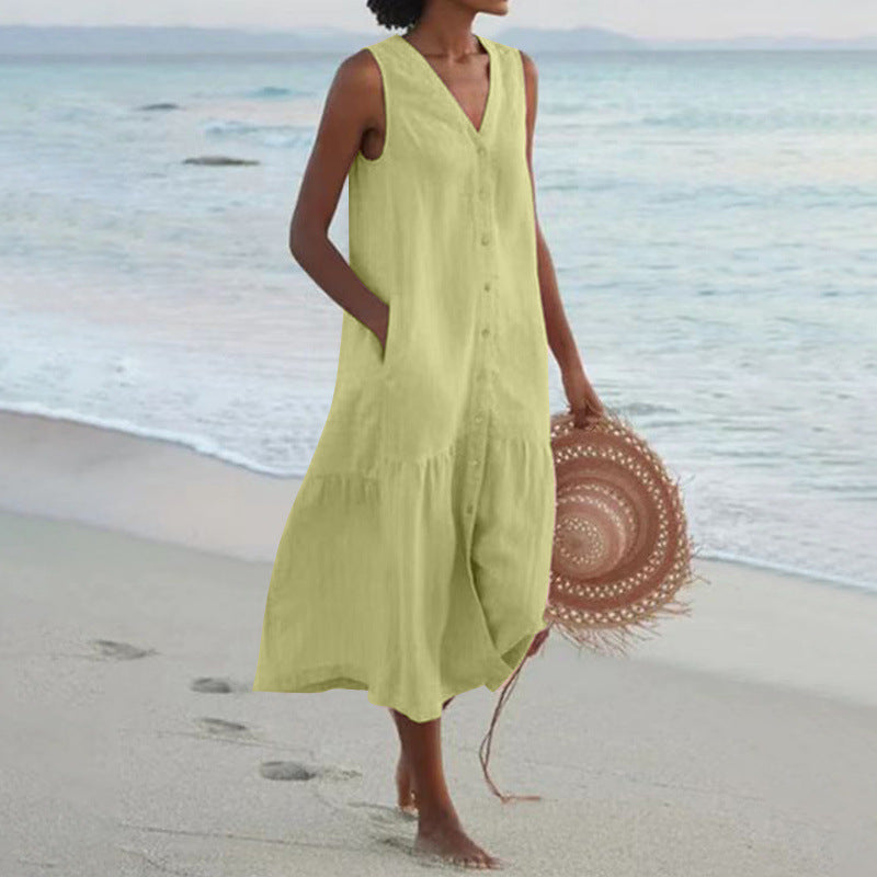 Annelie | Robe midi sans manches pour femmes, décolleté en V, patte de boutonnage