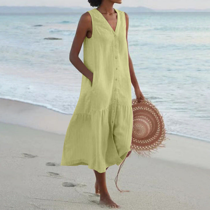 Annelie | Robe midi sans manches pour femmes, décolleté en V, patte de boutonnage