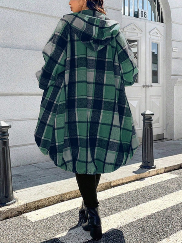Veste à ourlet plongeant, à manches longues, à carreaux, à fermeture éclair, à capuche