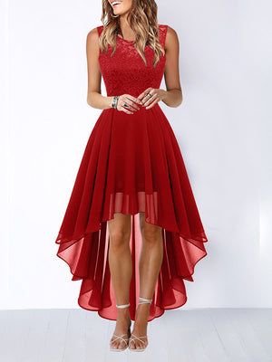 Robe longue plissée transparente coupe trapèze, taille haute, à empiècements, à taille nouée, à col rond