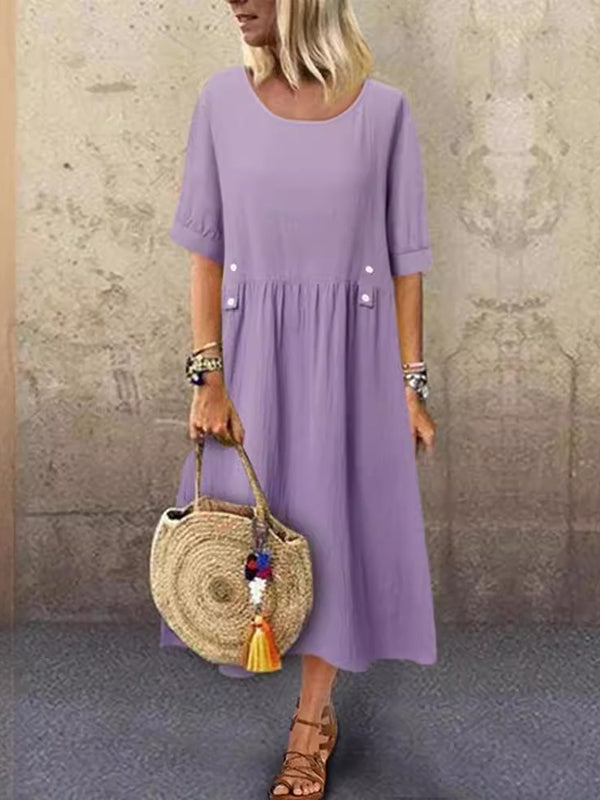 Robe mi-longue ample boutonnée plissée coupe trapèze, à col rond