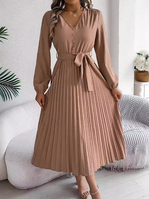 Robe longue boutonnée plissée taille haute, à manches longues, avec ceinture, à col en V, couleur unie