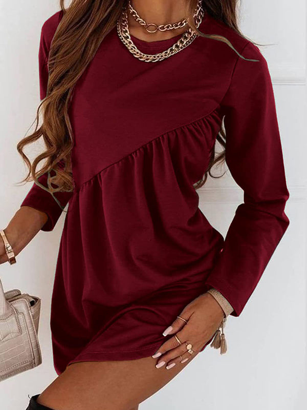 Robe courte décontractée ample à manches longues, à col rond, couleur unie