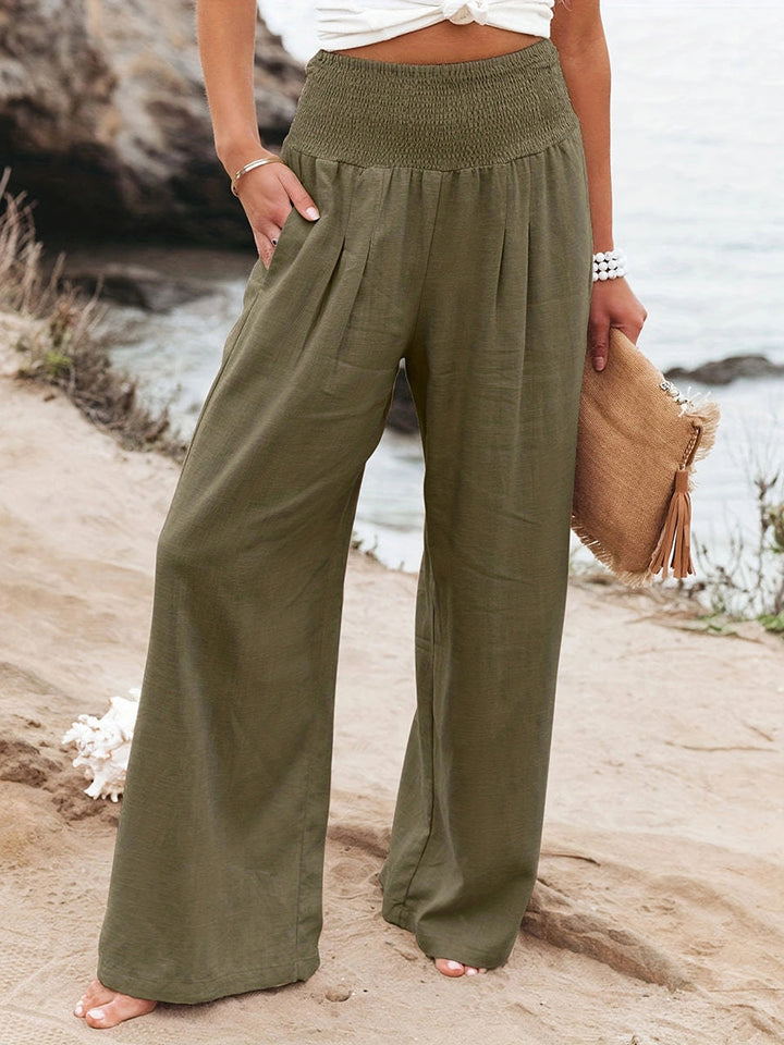 Pantalon plissé à taille élastique, taille haute, à poches, à empiècements, couleur unie