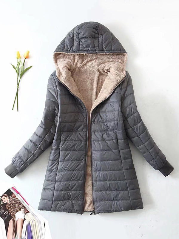 Manteau chaud matelassé à manches longues, à poches, en velours, à fermeture éclair, à capuche