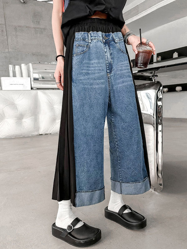 Jean ample plissé à empiècements, à jambes larges, couleur contrastée