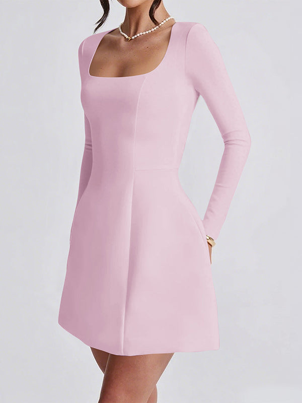 Robe courte moulante coupe trapèze, à fermeture éclair, à col carré, couleur unie